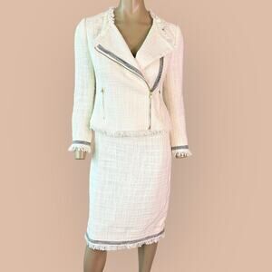 J. Crew Ivory Two Piece Suit Set Moto Jacket Skirt Women Size 2/4 Tweed Fringed